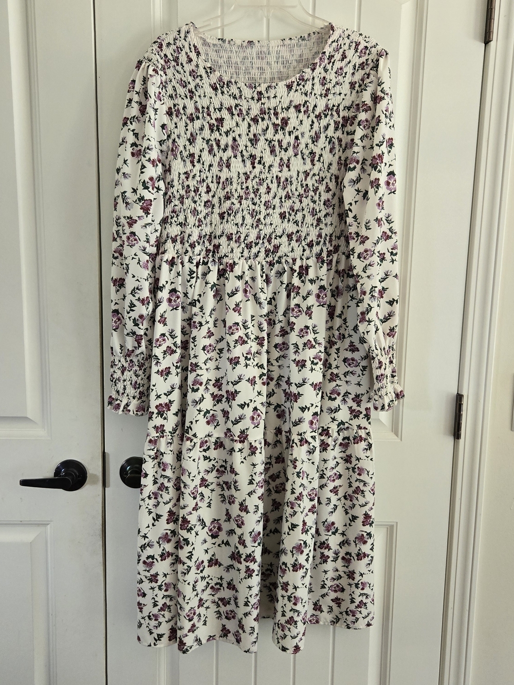 Floral Smocked Midi Dress Long Sleeve Cottagecore White Purple 2x